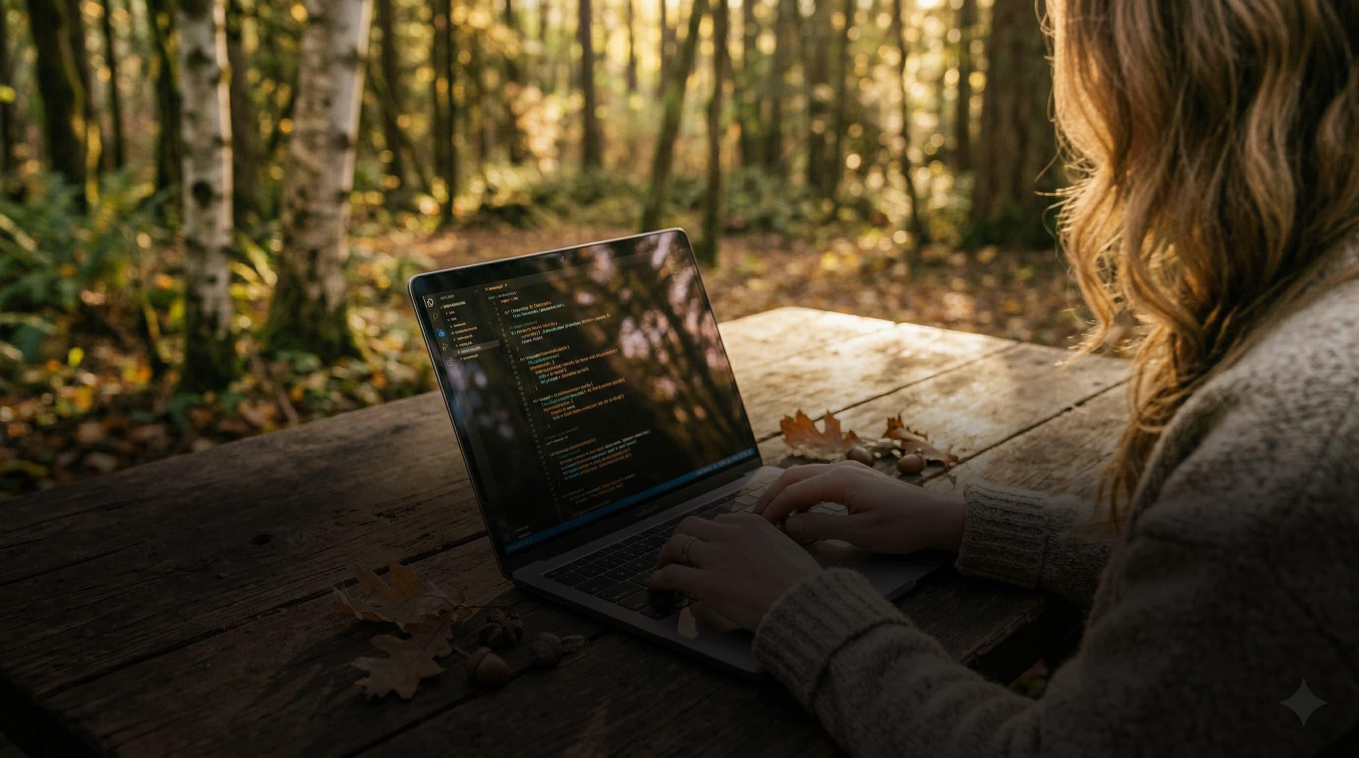A woman coding on a laptop in a sunlit forest