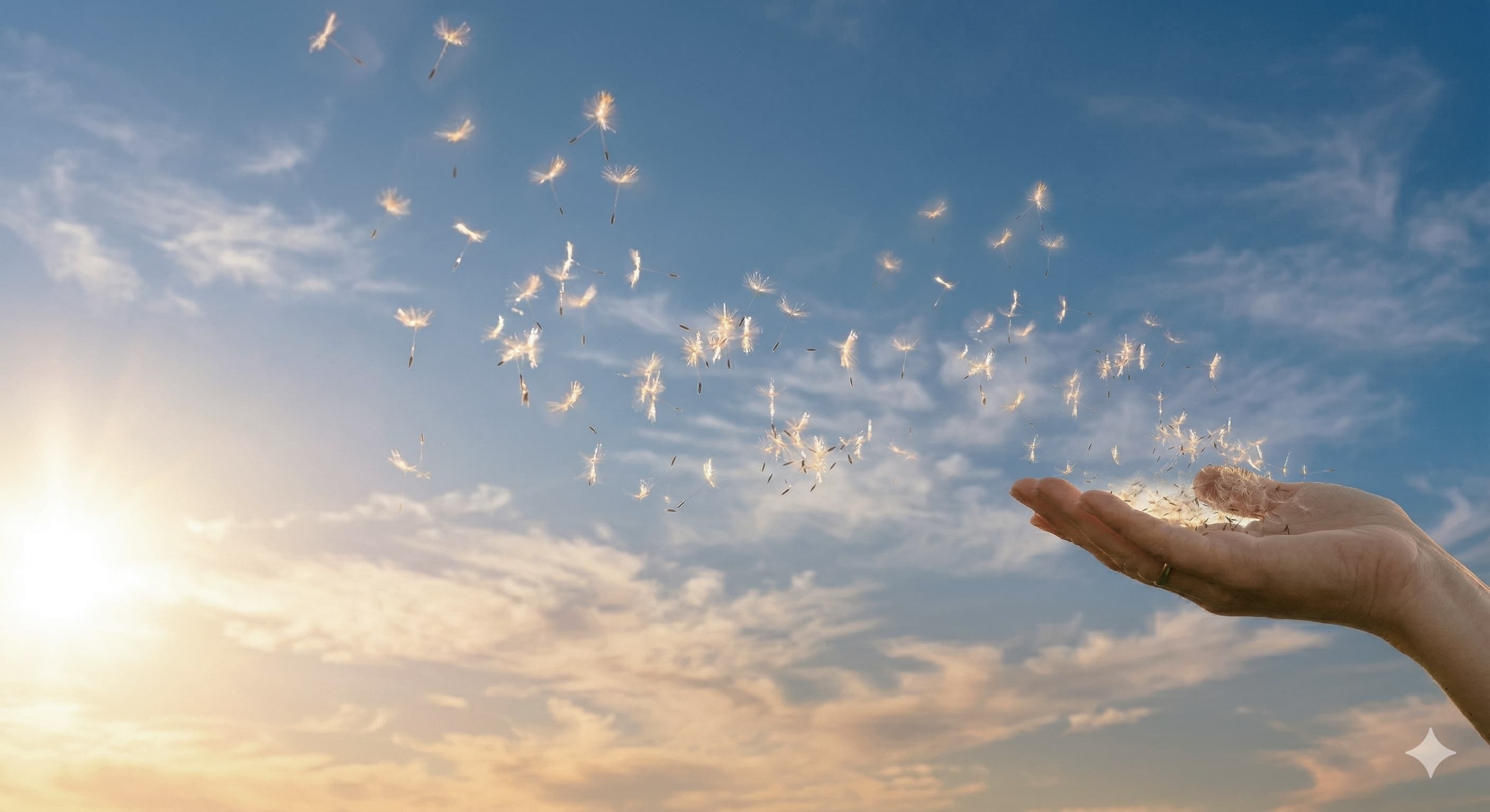 Dandelion seeds drifting into warm golden light